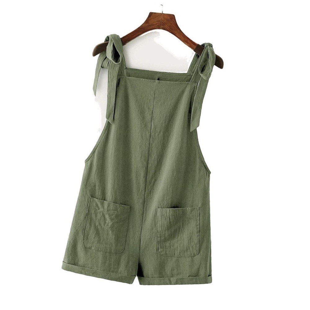 Tie Knot Strap Overall Shorts Pocket Jumpsuit Army Green